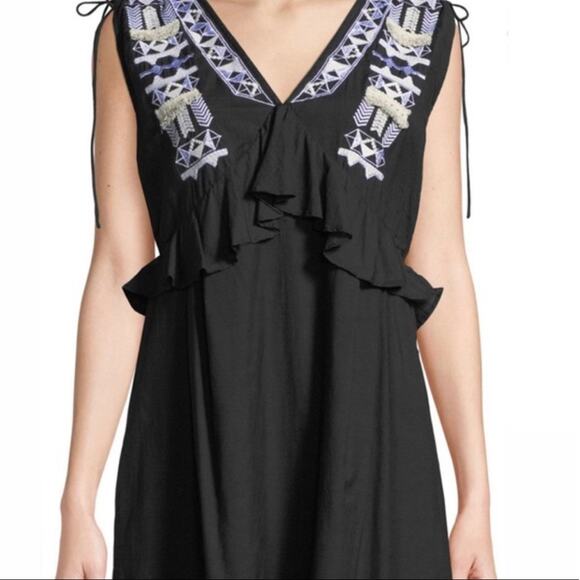 NWT Catherine Malandrino Black Cotton Ruffle Boho Embroidered Shift Dress Large - Picture 1 of 12